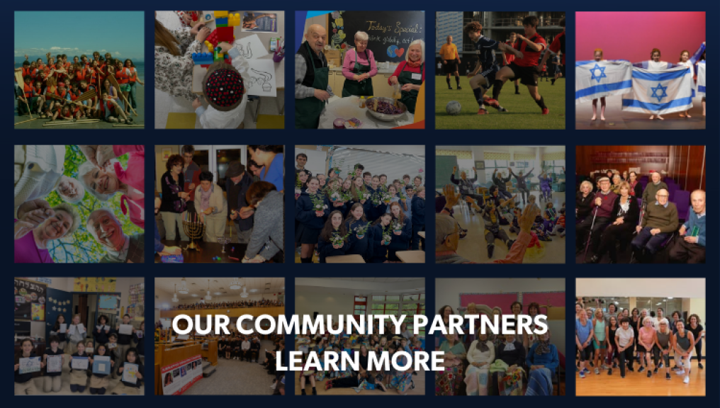 Collage of photos featuring Jewish Federation's partners, showcasing people we support. The caption reads, "Our Community Partners Learn More." Image links to the list of partners and their websites.