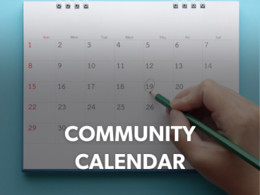 A calendar hangs against a blue wall. A hand holding a pencil marks a date. The caption reads "Community Calendar." The image links to the Jewish Federation's community calendar.