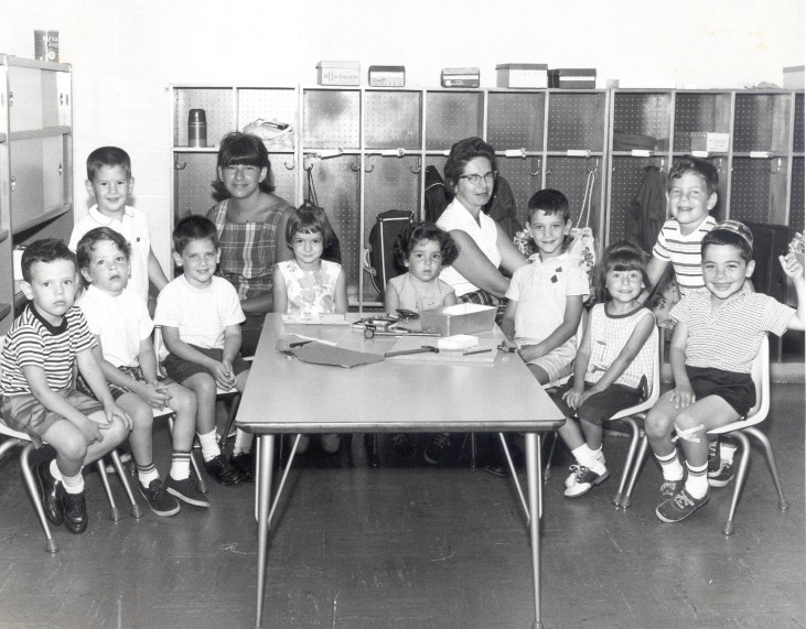 A historical photo with two female teachers and boys and girls at a Jewish preschool in Cincinnati