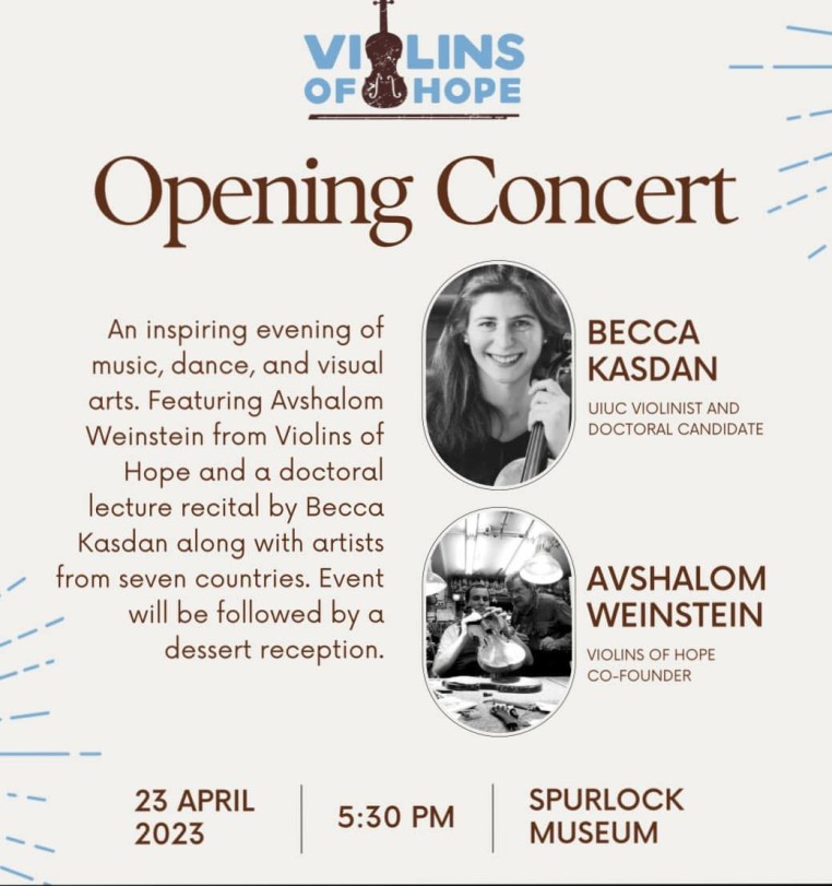 Logo at the top shows a violin and the title "Violins of Hope." Text below says "Opening Concert: An inspiring evening of music, dance, and visual arts. Featuring Avshalom Weinstein from Violins of Hope and a doctoral lecture