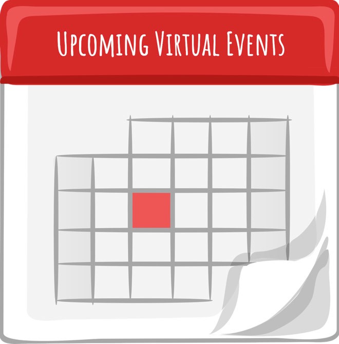 Cartoon calendar titled Upcoming Virtual Events