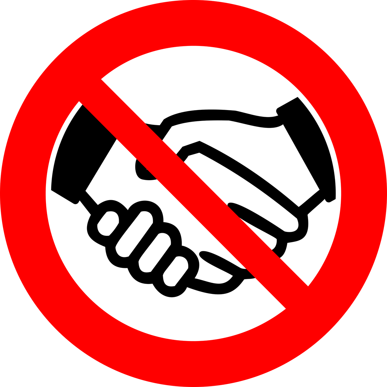 Cartoon hands shaking with red circle and line through them