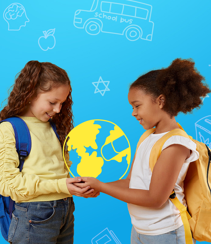 2 Jewish students holding hands around a globe