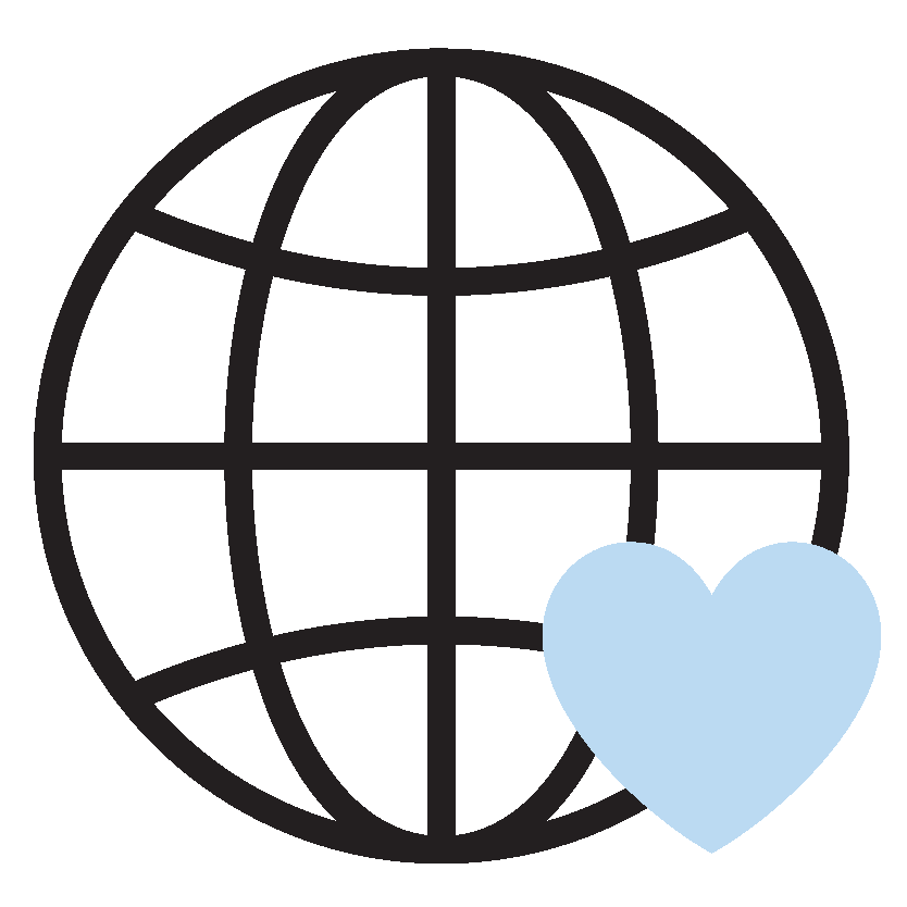 An outline of a globe with a heart