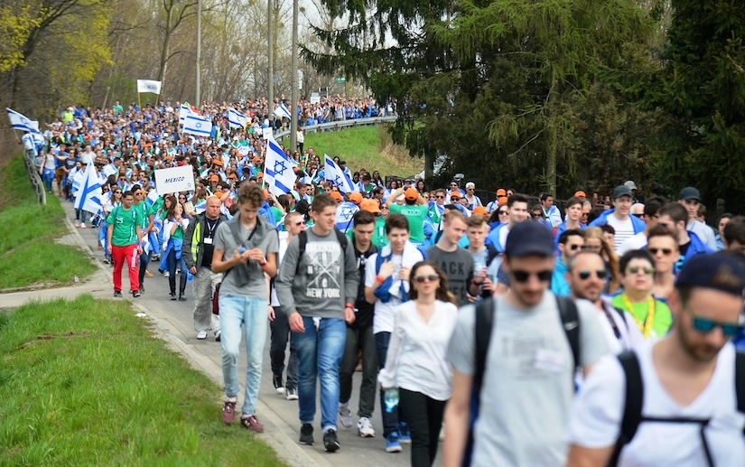 Participants in the March of the Living walking from Auschwitz to Birkenau, April 16, 2015.
